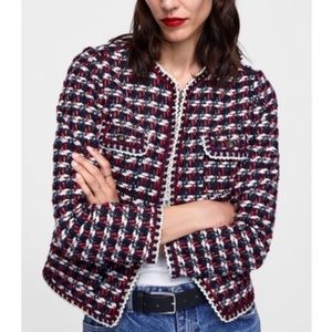 Zara Red & Blue Textured Weave Tweed blazer
